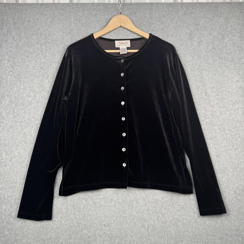 Talbots Cardigan Womens Large Petite Black Velvet Button Front Stretch USA VTG